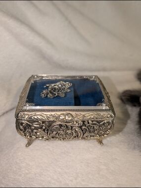 Ornate Silver-Tone Decorative Jewelry Music Box with Blue Velvet Lining 3.5"X4"